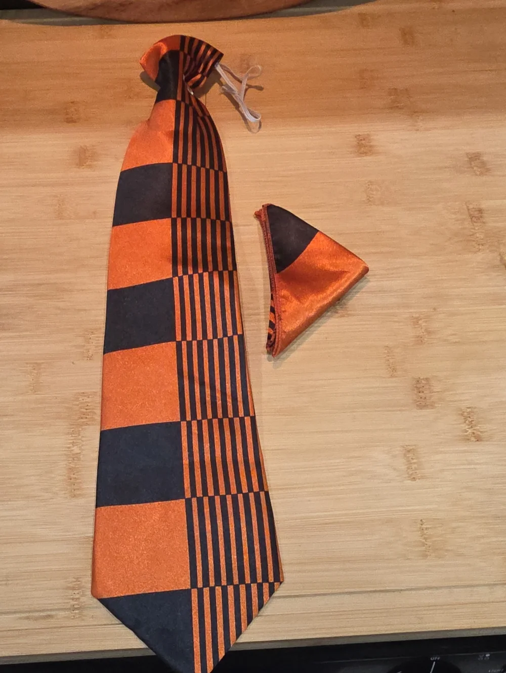 Men's Orange and Black Checker & Stripe Tie with Matching Pocket Square.